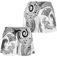 Aotearoa Maori Sea Animals Tribal Shorts for Women Manta Ray and Shark Moko Pattern White Color