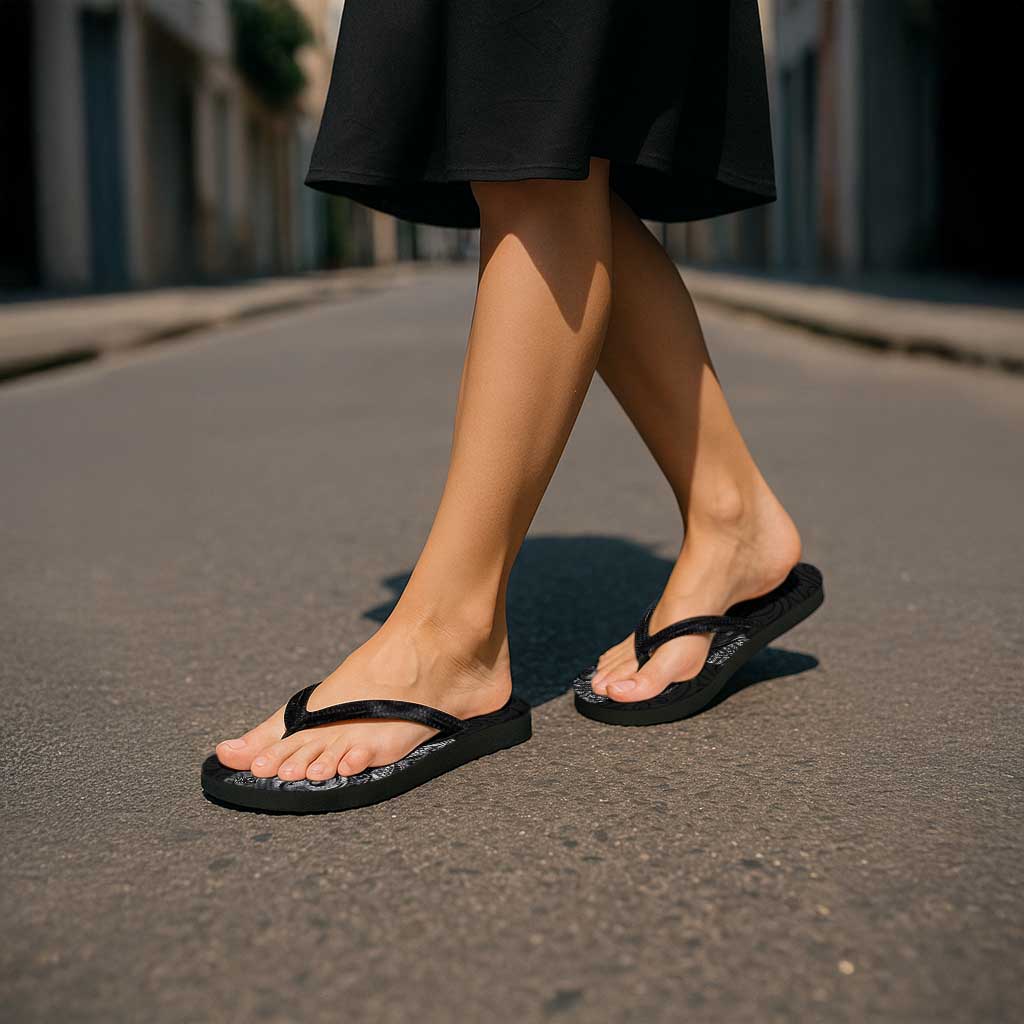 Aotearoa Moko Tribal Tattoo Flip Flops New Zealand Maori Penguin and Fantail Black Color