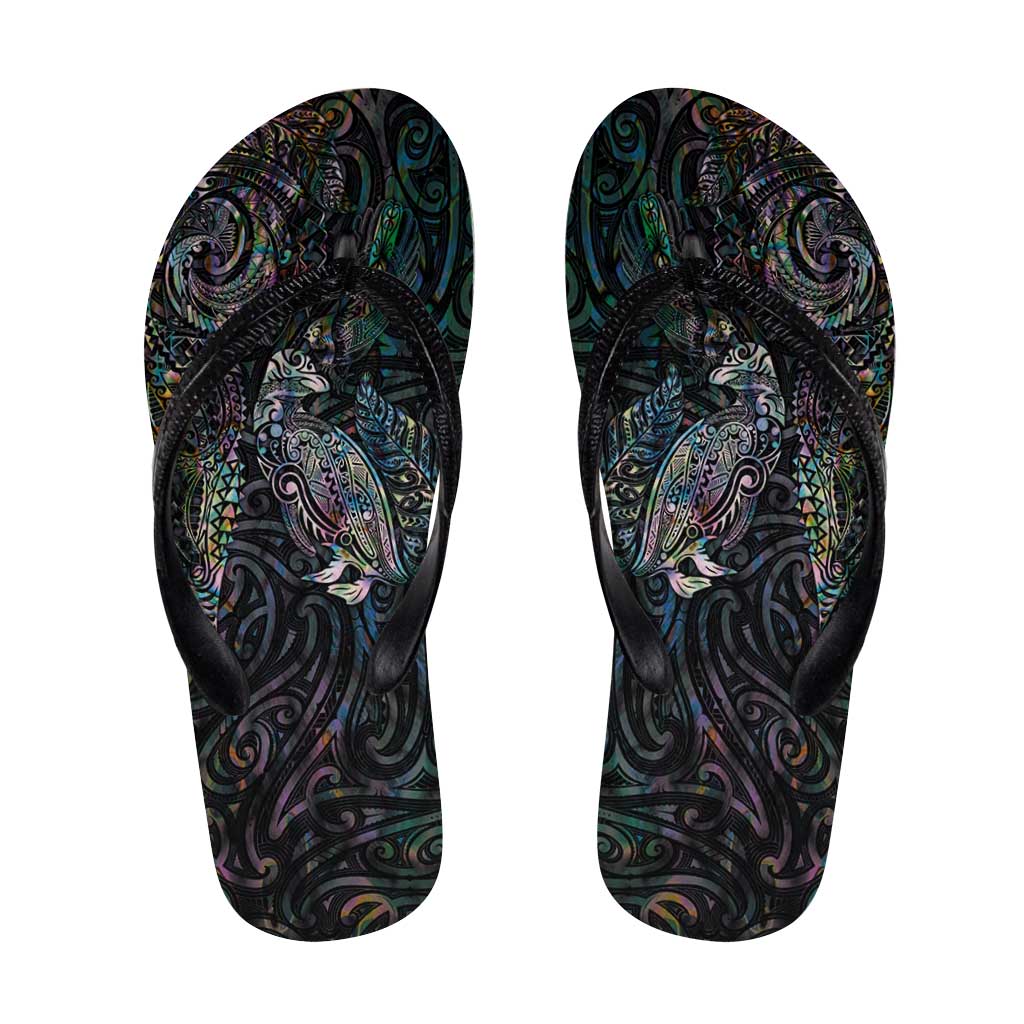 Aotearoa Moko Tribal Tattoo Flip Flops New Zealand Maori Penguin and Fantail Paua Shell Style