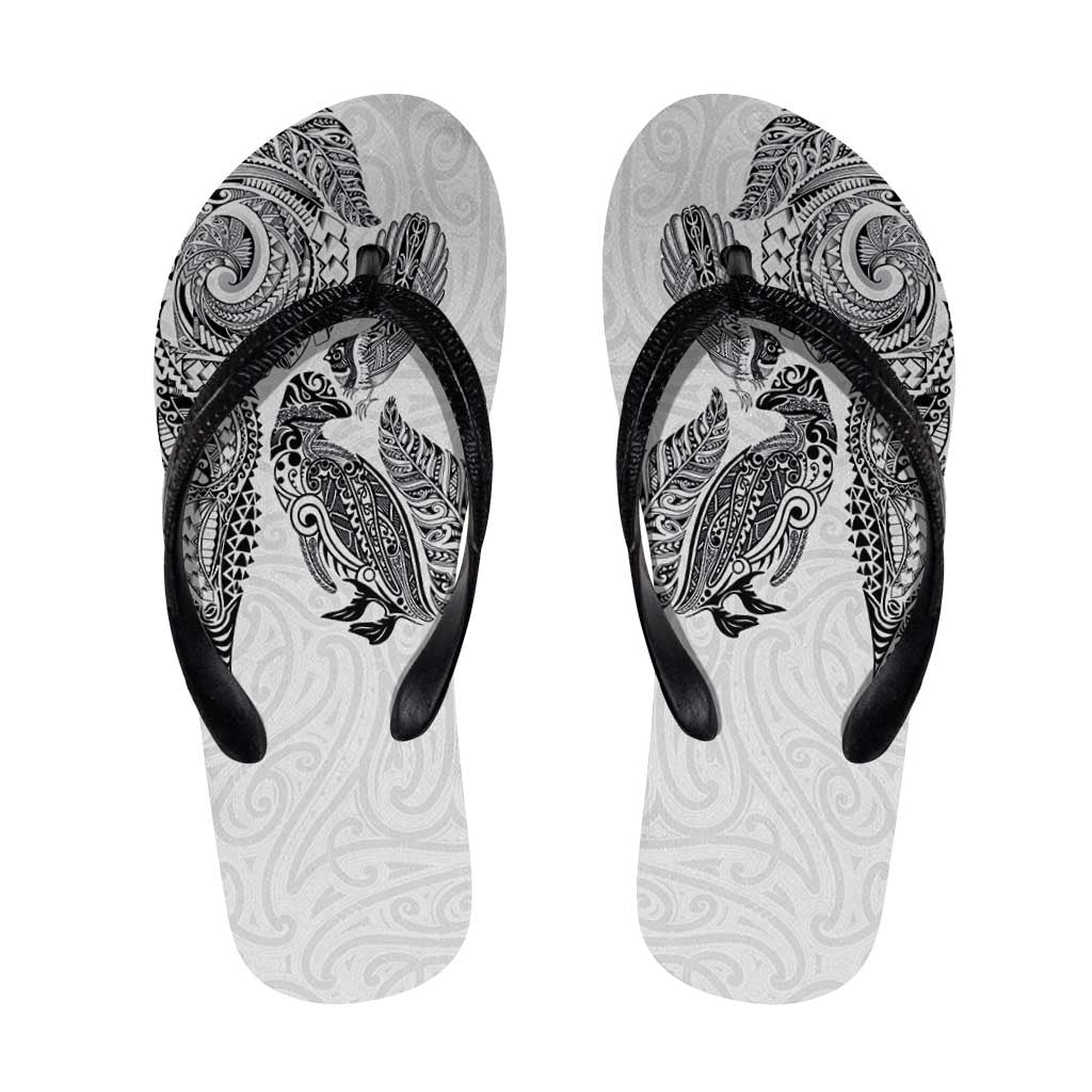 Aotearoa Moko Tribal Tattoo Flip Flops New Zealand Maori Penguin and Fantail White Color