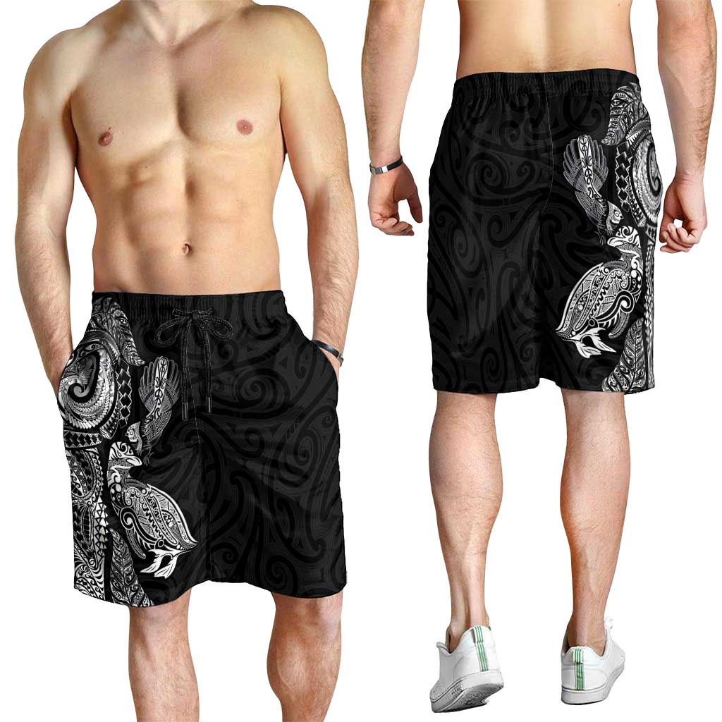 Aotearoa Moko Tribal Tattoo Shorts for Men New Zealand Maori Penguin and Fantail Black Color