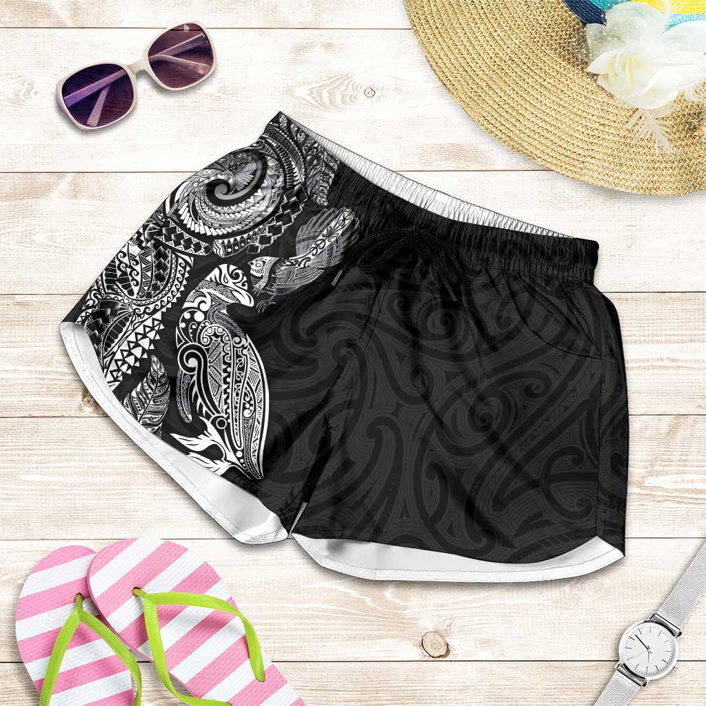 Aotearoa Moko Tribal Tattoo Shorts for Women New Zealand Maori Penguin and Fantail Black Color