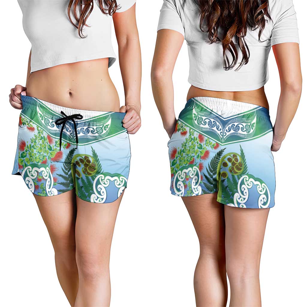 Aotearoa New Zealand Natural Plants Shorts for Women Pohutukawa with Silver Ferns Koru Frond Maori Tattoos