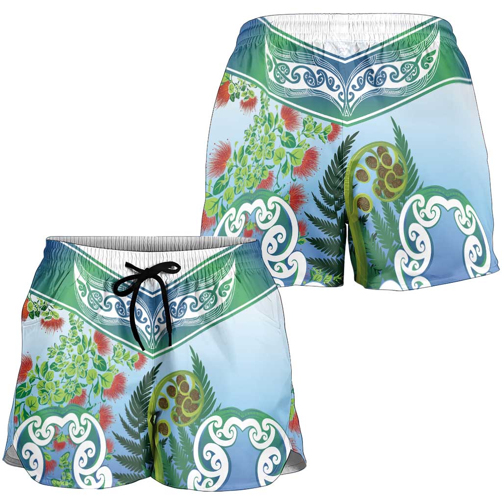Aotearoa New Zealand Natural Plants Shorts for Women Pohutukawa with Silver Ferns Koru Frond Maori Tattoos