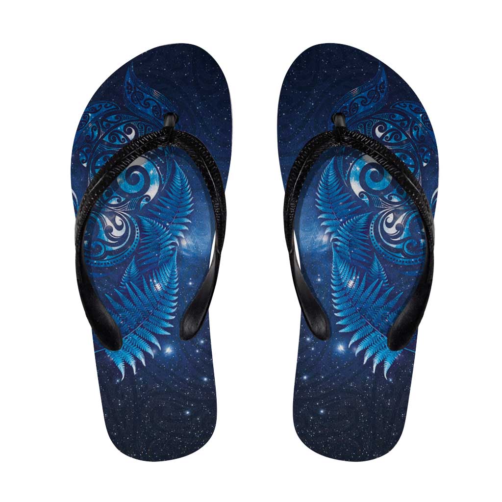 Aotearoa New Zealand New Year Flip Flops Tribal Koru Tattoo Blue Galaxy Maori Silver Fern