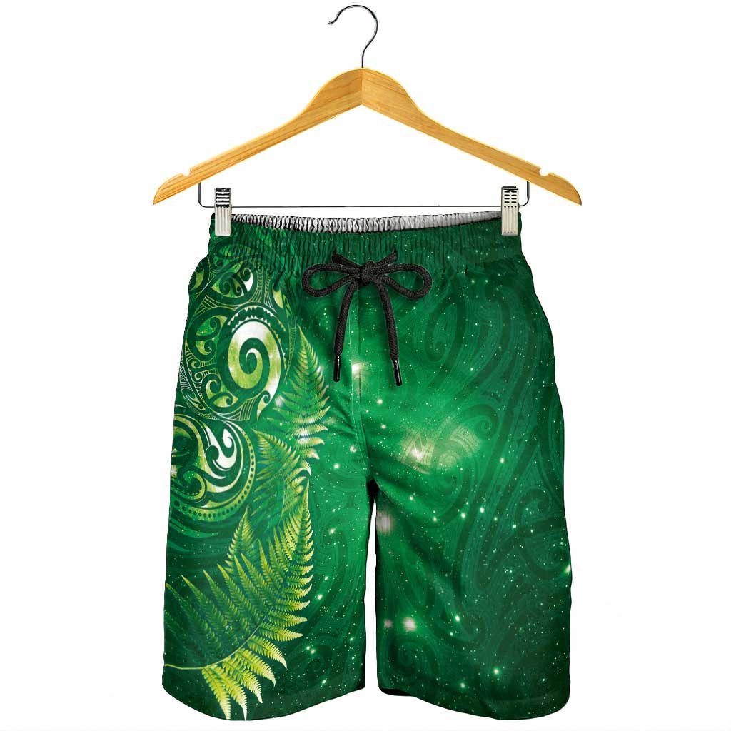 Aotearoa New Zealand New Year Shorts for Men Tribal Koru Tattoo Green Galaxy Maori Silver Fern