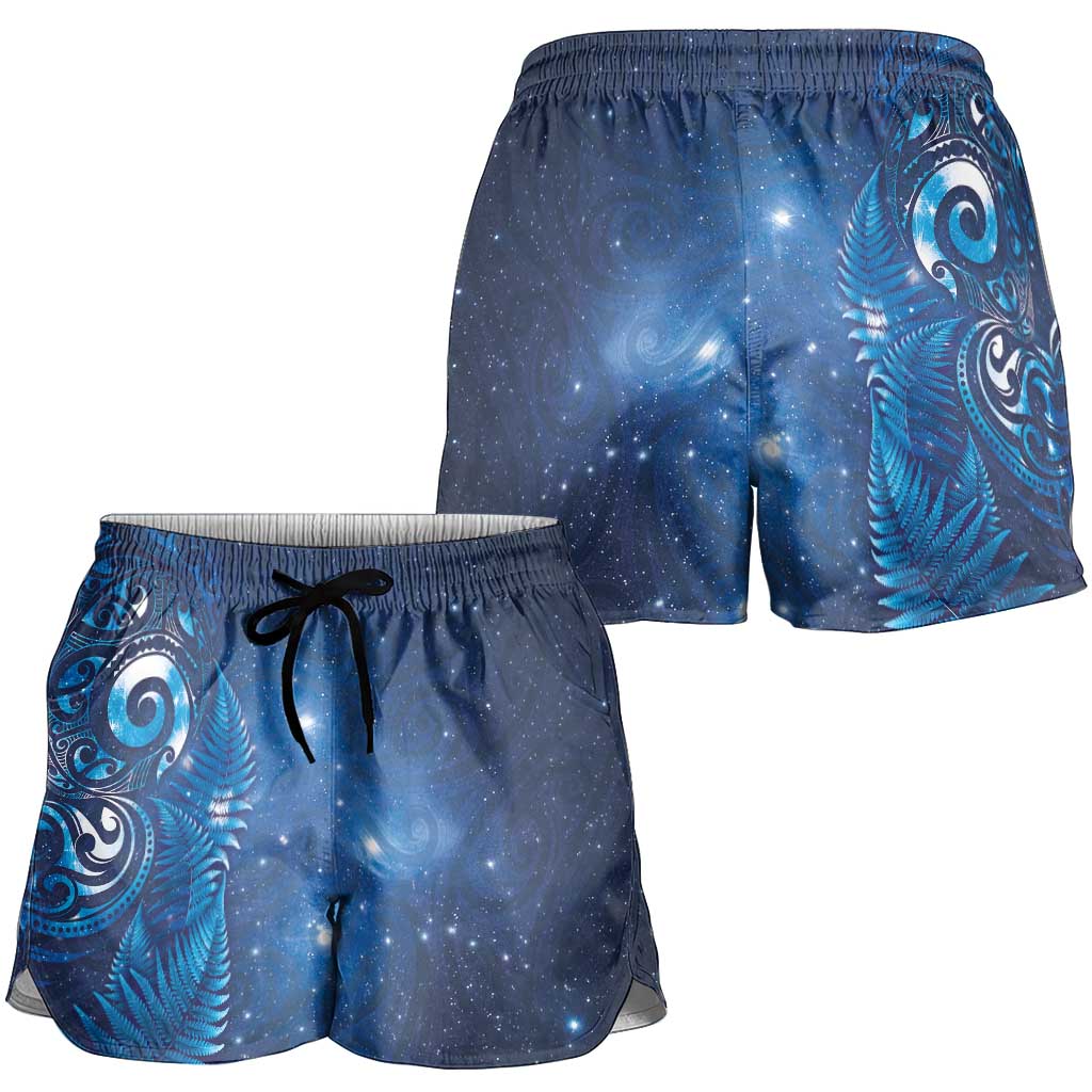 Aotearoa New Zealand New Year Shorts for Women Tribal Koru Tattoo Blue Galaxy Maori Silver Fern