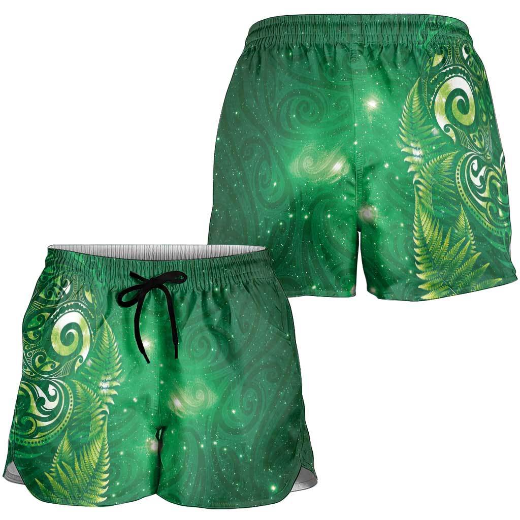 Aotearoa New Zealand New Year Shorts for Women Tribal Koru Tattoo Green Galaxy Maori Silver Fern