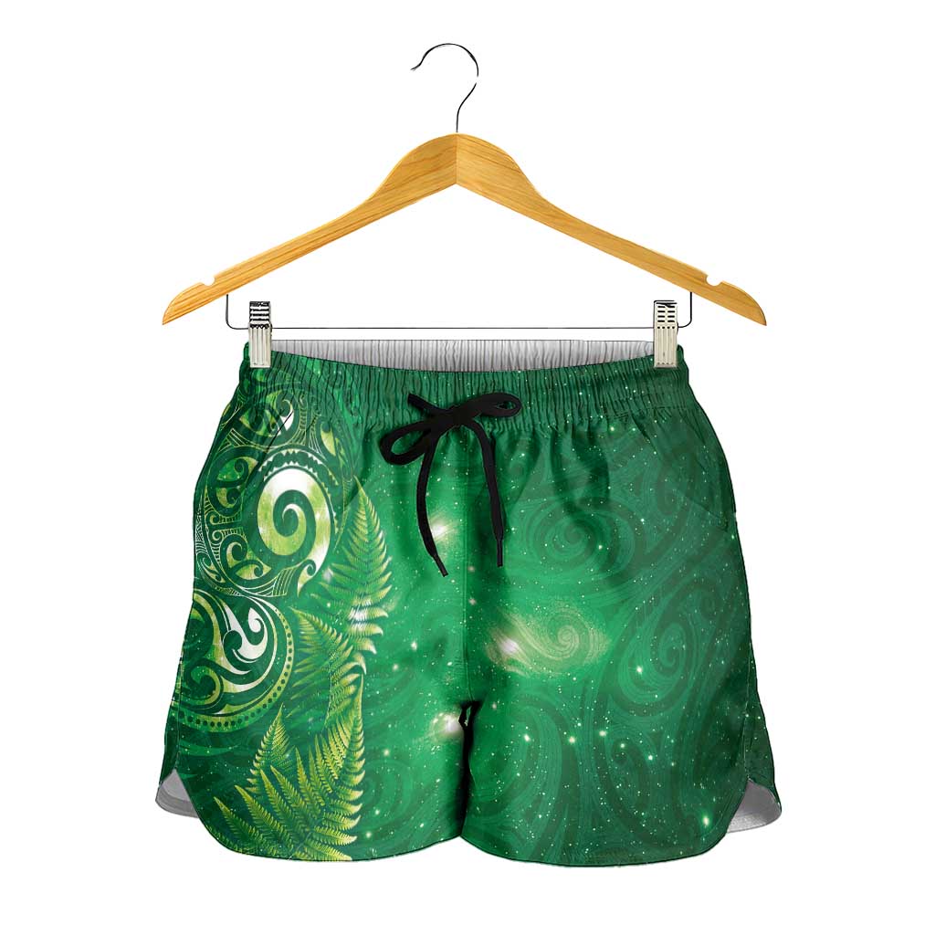 Aotearoa New Zealand New Year Shorts for Women Tribal Koru Tattoo Green Galaxy Maori Silver Fern