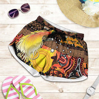 Australia and Papua New Guinea Together Shorts for Women Kangaroo Aboriginal Art and Bird-of-paradise Oro Tribal Motifs - Polynesian Pride