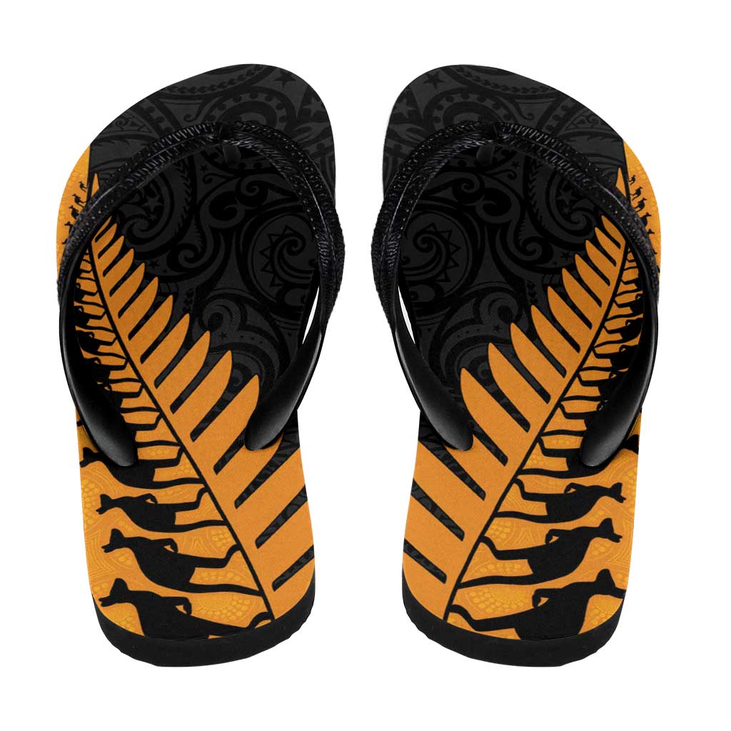 Australia New Zealand Rugby Flip Flops Gold Aboriginal Wallabies and Maori Black Fern - Polynesian Pride