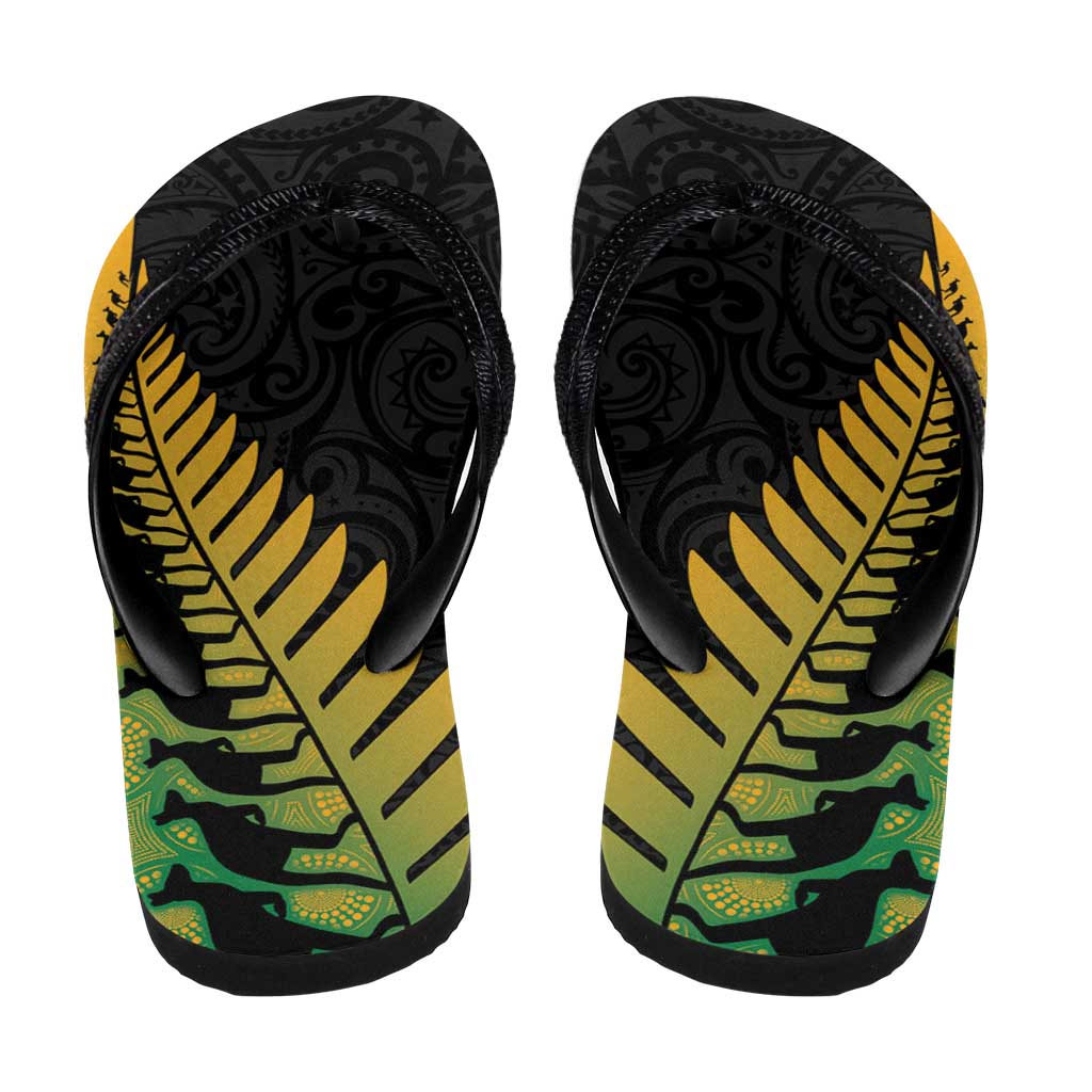 Australia New Zealand Rugby Flip Flops Gradient Aboriginal Wallabies and Maori Black Fern - Polynesian Pride