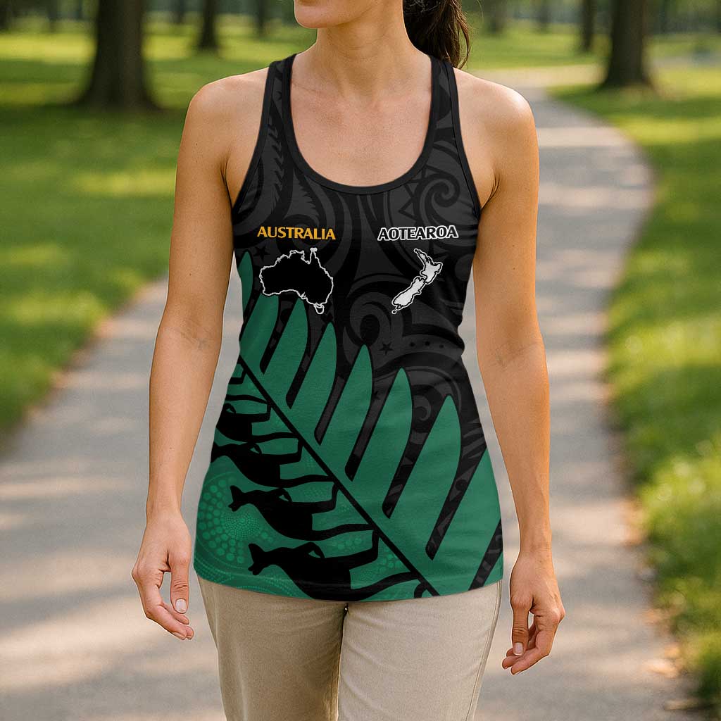 Australia New Zealand Rugby Hollow Tank Top Green Aboriginal Wallabies and Maori Black Fern - Polynesian Pride