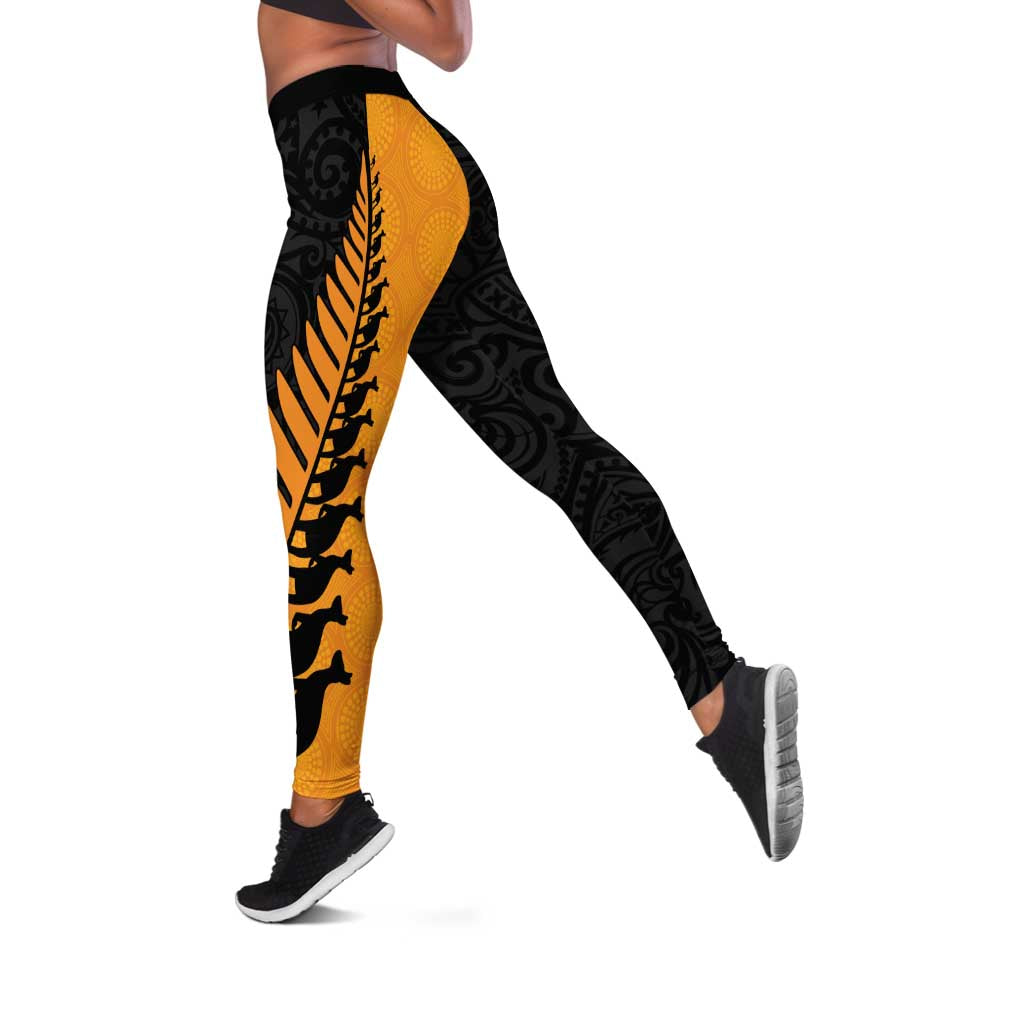 Australia New Zealand Rugby Leggings Gold Aboriginal Wallabies and Maori Black Fern - Polynesian Pride