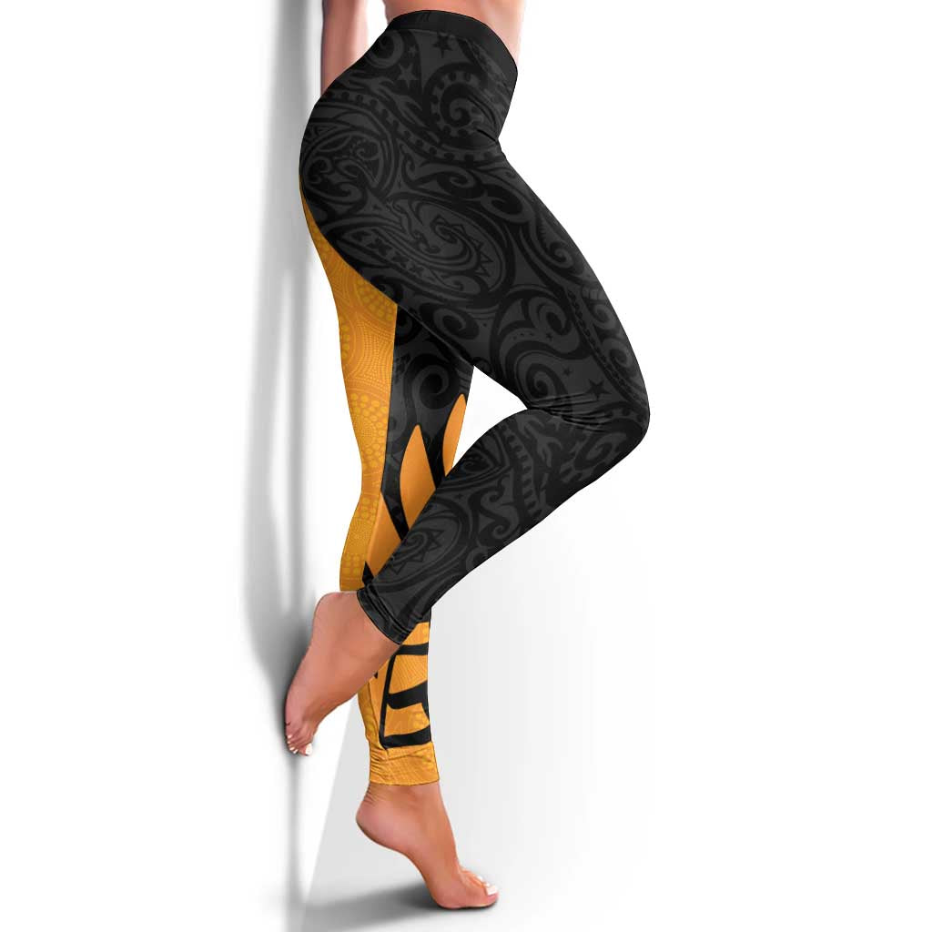 Australia New Zealand Rugby Leggings Gold Aboriginal Wallabies and Maori Black Fern - Polynesian Pride