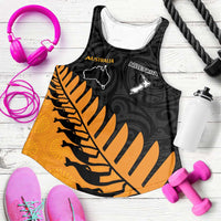Australia New Zealand Rugby Women Racerback Tank Gold Aboriginal Wallabies and Maori Black Fern - Polynesian Pride