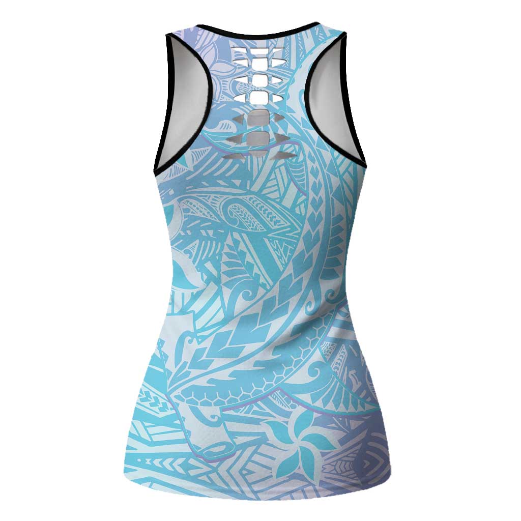 Baby Blue Gradient Polynesia Hollow Tank Top Hawaiian Tribal Hammerhead Shark Tattoo LT14 - Polynesian Pride