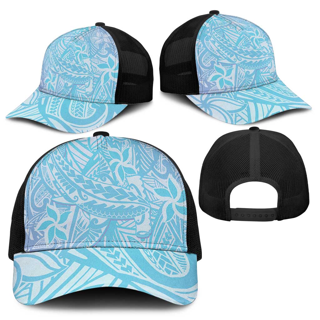 Baby Blue Gradient Polynesia Mesh Trucker Cap Hawaiian Tribal Hammerhead Shark Tattoo - Polynesian Pride