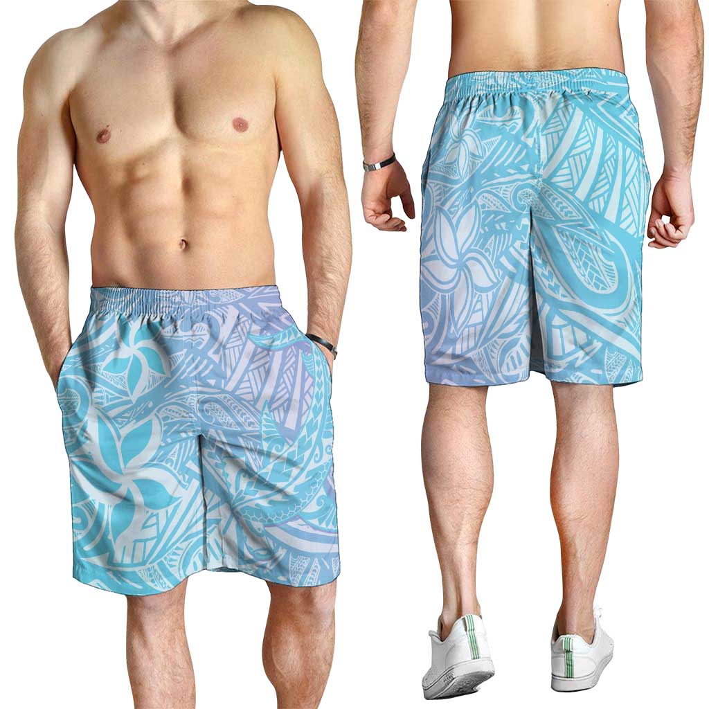 Baby Blue Gradient Polynesia Shorts for Men Hawaiian Tribal Hammerhead Shark Tattoo - Polynesian Pride