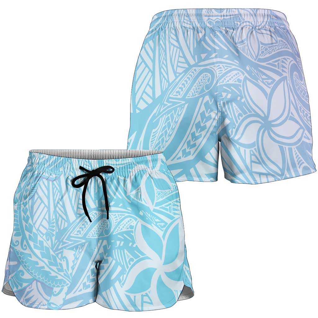 Baby Blue Gradient Polynesia Shorts for Women Hawaiian Tribal Hammerhead Shark Tattoo - Polynesian Pride