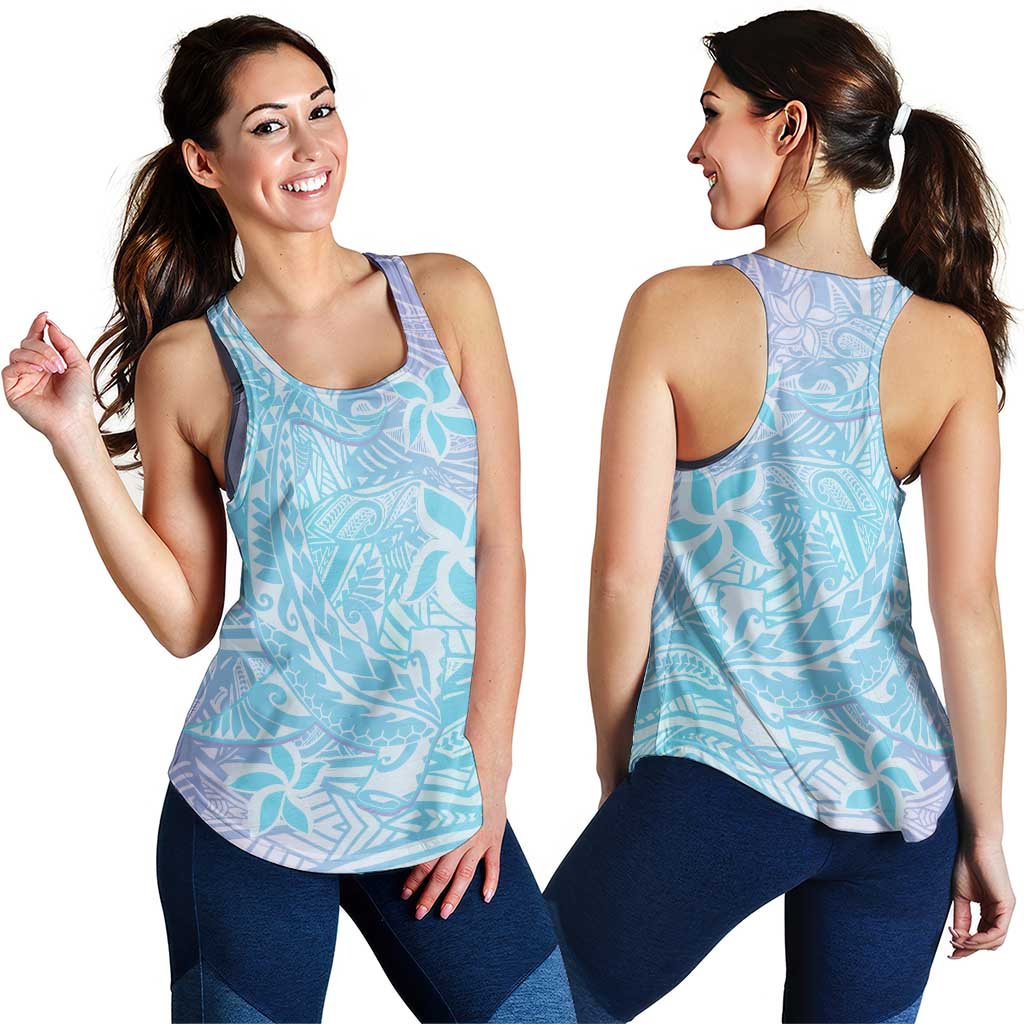 Baby Blue Gradient Polynesia Women Racerback Tank Hawaiian Tribal Hammerhead Shark Tattoo - Polynesian Pride