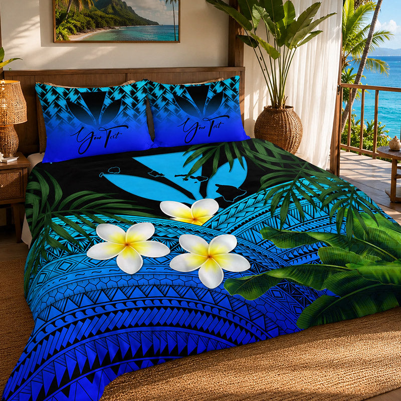 Tropical-themed bedding set with blue, green, and white colors in a bedroom setting.