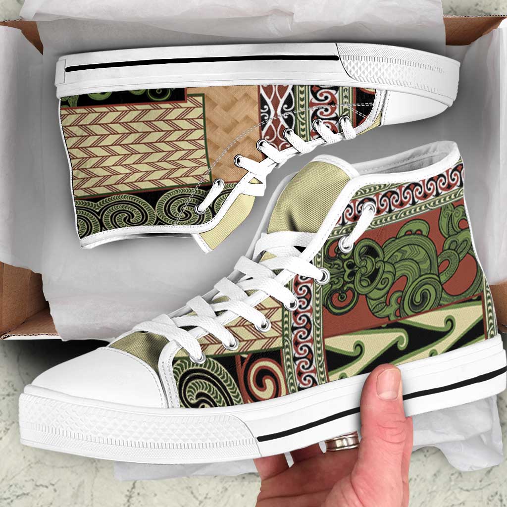 Beige Aotearoa Kowhaiwhai Pattern High Top Shoes NZ Maori Quilt Style - Polynesian Pride