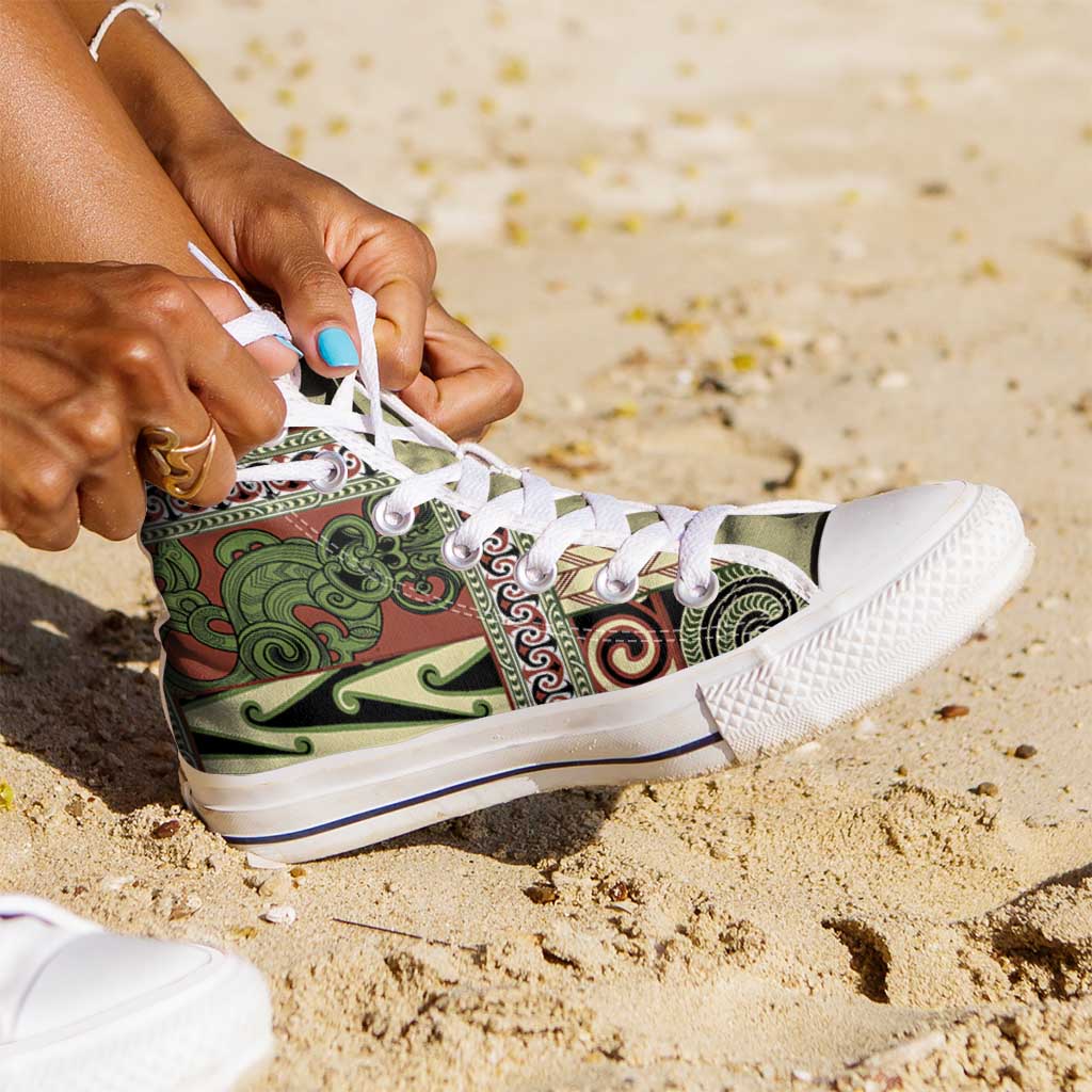 Beige Aotearoa Kowhaiwhai Pattern High Top Shoes NZ Maori Quilt Style - Polynesian Pride