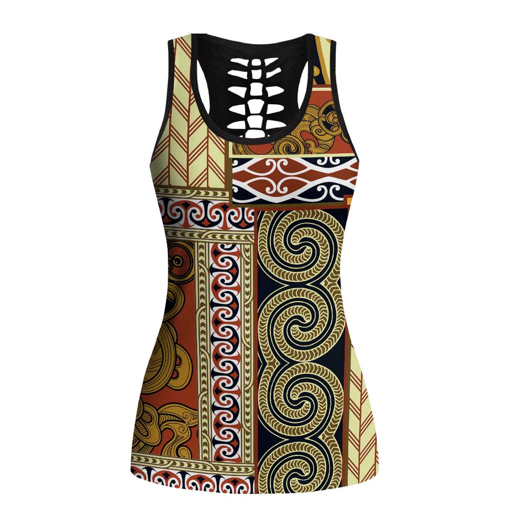 Beige Aotearoa Kowhaiwhai Pattern Hollow Tank Top NZ Maori Quilt Style - Polynesian Pride