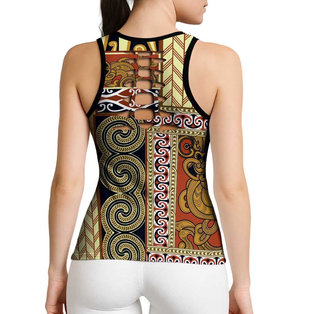 Beige Aotearoa Kowhaiwhai Pattern Hollow Tank Top NZ Maori Quilt Style - Polynesian Pride