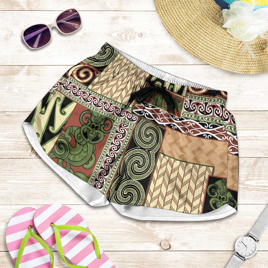 Beige Aotearoa Kowhaiwhai Pattern Shorts for Women NZ Maori Quilt Style - Polynesian Pride