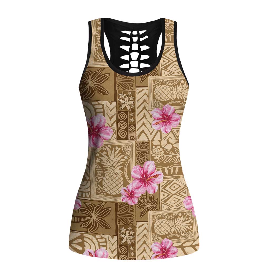 Beige Hawaii Hibiscus Tropical Flowers Motifs Hollow Tank Top LT14 Female Beige - Polynesian Pride