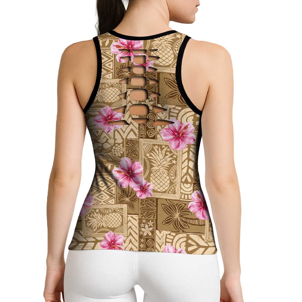 Beige Hawaii Hibiscus Tropical Flowers Motifs Hollow Tank Top LT14 - Polynesian Pride