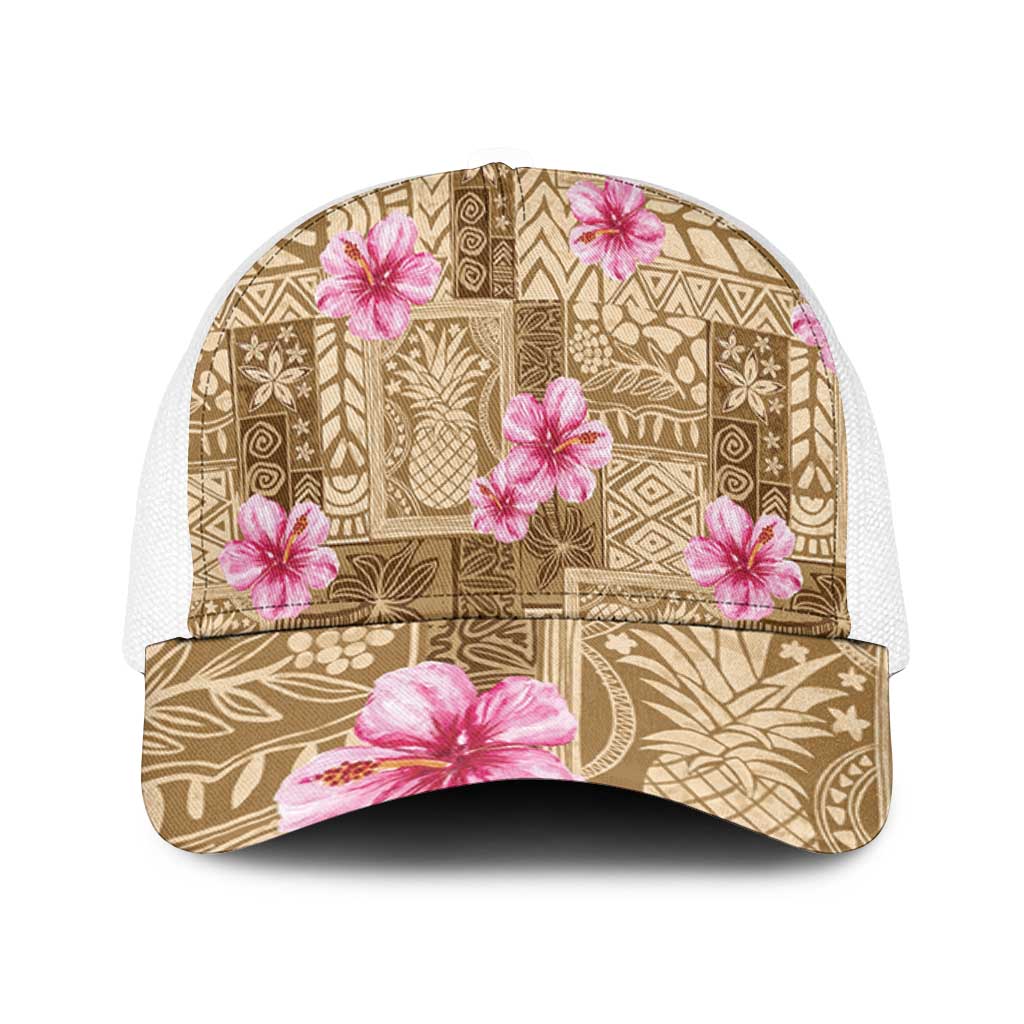 Beige Hawaii Hibiscus With Tropical Flowers Motifs Baseball Net Cap - Polynesian Pride
