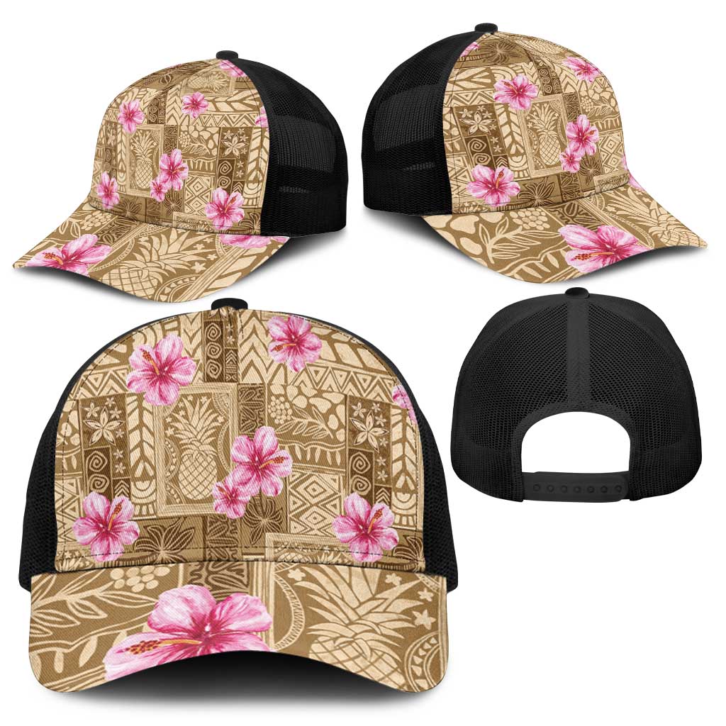 Beige Hawaii Hibiscus With Tropical Flowers Motifs Baseball Net Cap - Polynesian Pride