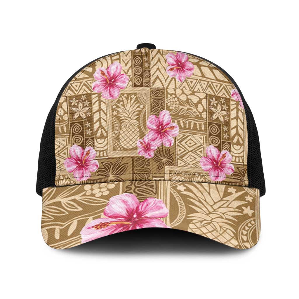 Beige Hawaii Hibiscus With Tropical Flowers Motifs Mesh Trucker Cap - Polynesian Pride