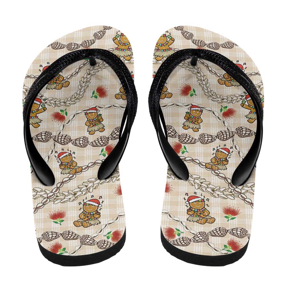 Beige Palaka Hawaii Mele Kalikimaka Flip Flops Ohia Lehua Shell Leis Funny Gingerbread Santa - Polynesian Pride