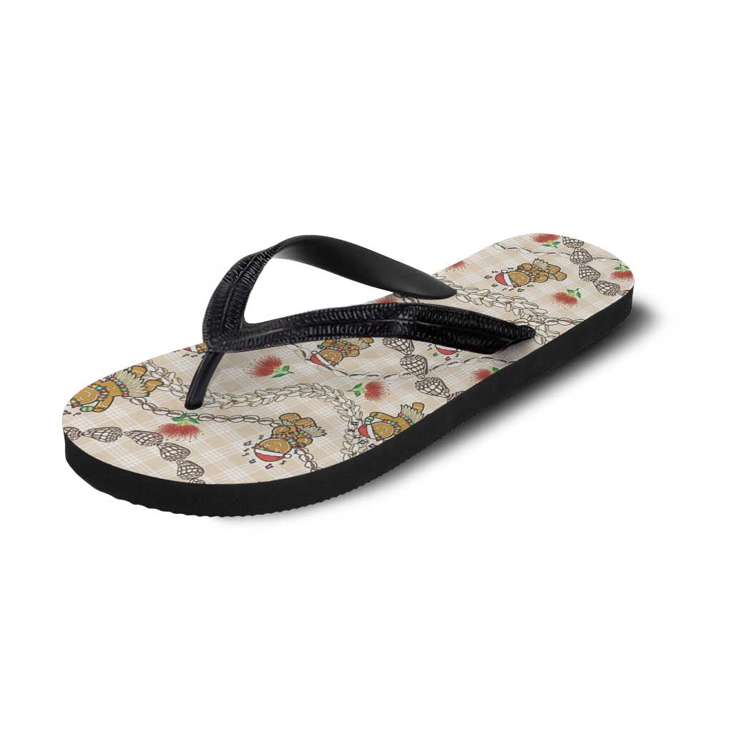 Beige Palaka Hawaii Mele Kalikimaka Flip Flops Ohia Lehua Shell Leis Funny Gingerbread Santa - Polynesian Pride