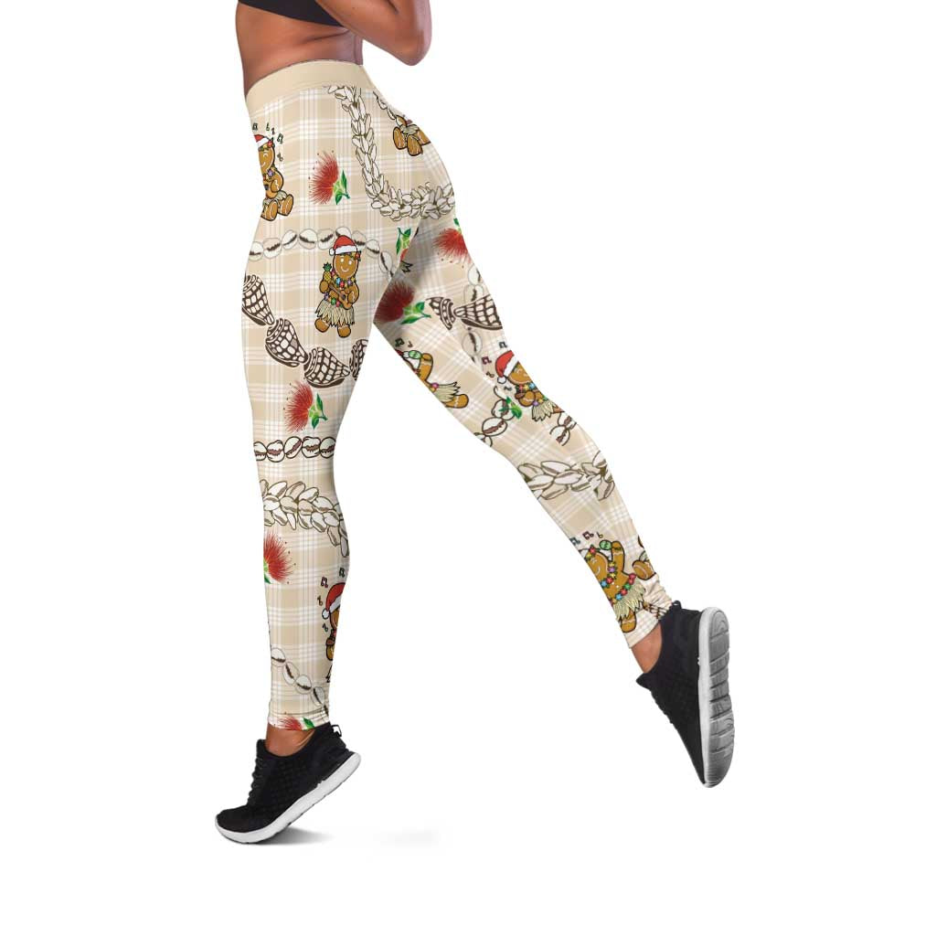 Beige Palaka Hawaii Mele Kalikimaka Leggings Ohia Lehua Shell Leis Funny Gingerbread Santa - Polynesian Pride