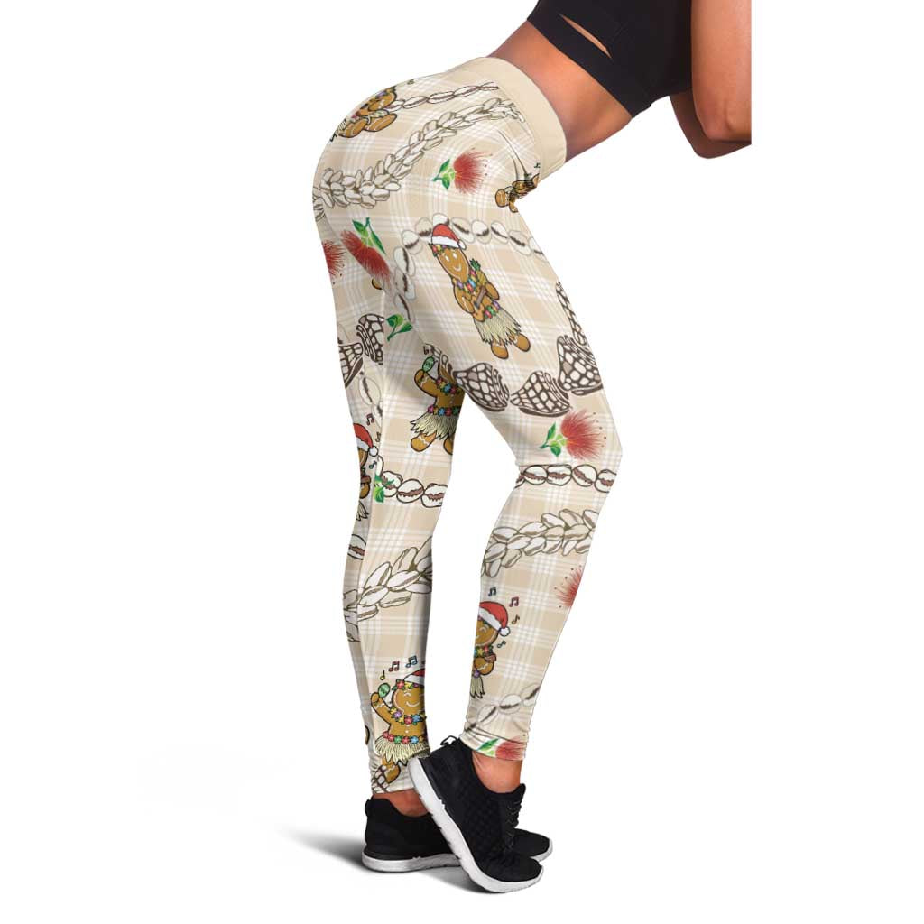 Beige Palaka Hawaii Mele Kalikimaka Leggings Ohia Lehua Shell Leis Funny Gingerbread Santa - Polynesian Pride