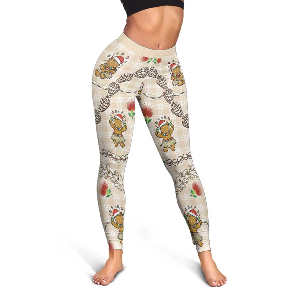 Beige Palaka Hawaii Mele Kalikimaka Leggings Ohia Lehua Shell Leis Funny Gingerbread Santa - Polynesian Pride
