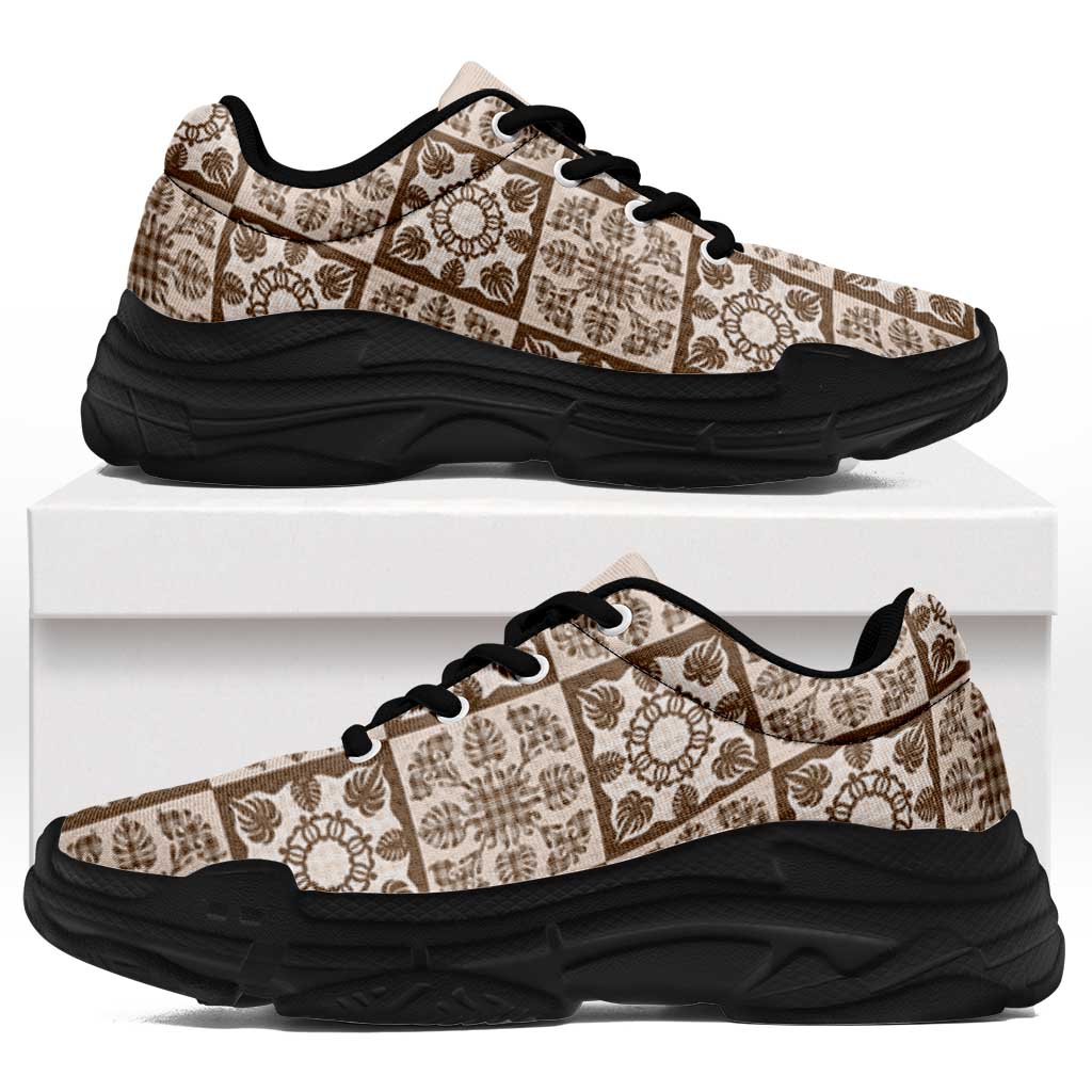 Beige Palaka Quilt Hawaii Chunky Sneakers Hawaiian Tropical Monstera Sea Turtle