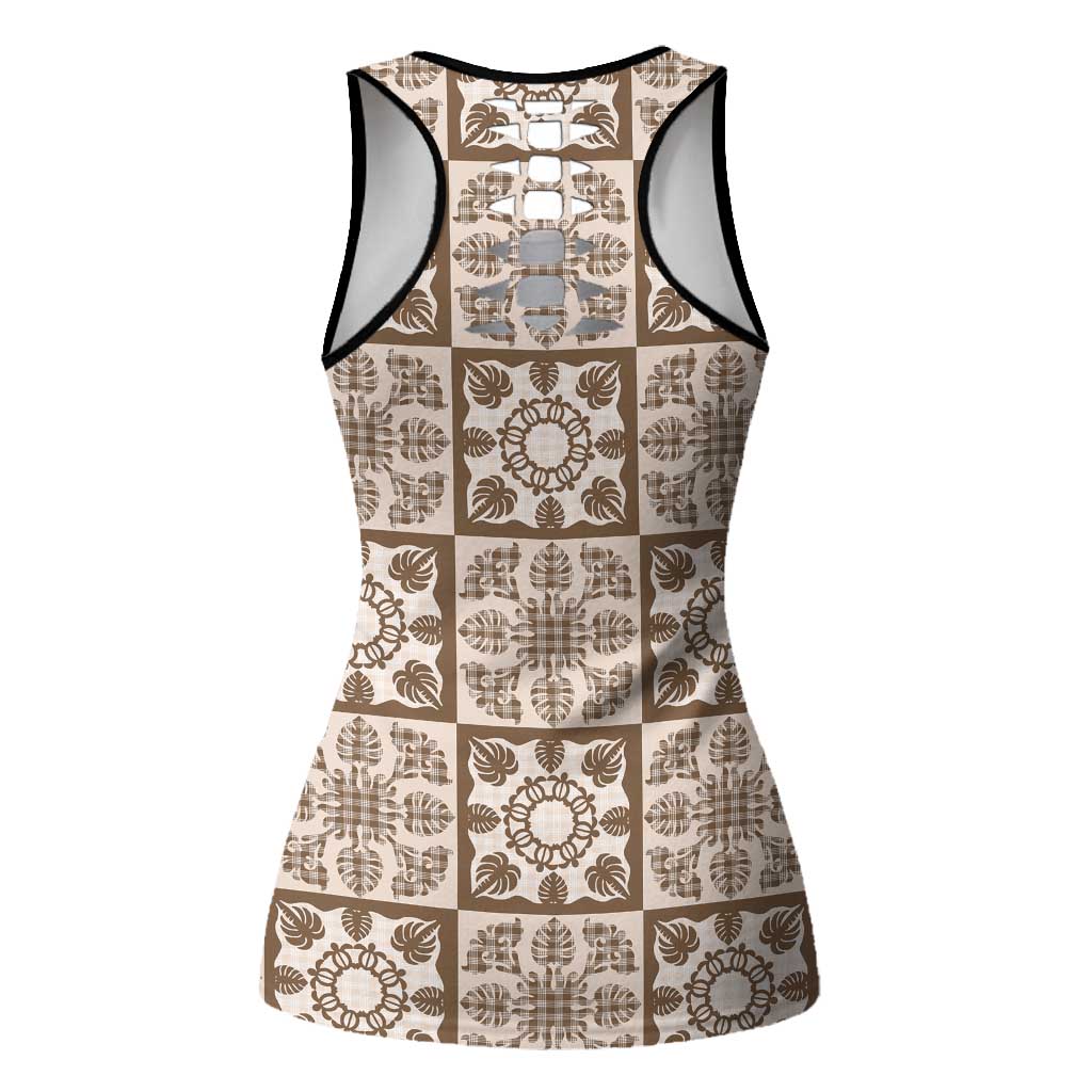 Beige Palaka Quilt Hawaii Hollow Tank Top Hawaiian Tropical Monstera Sea Turtle