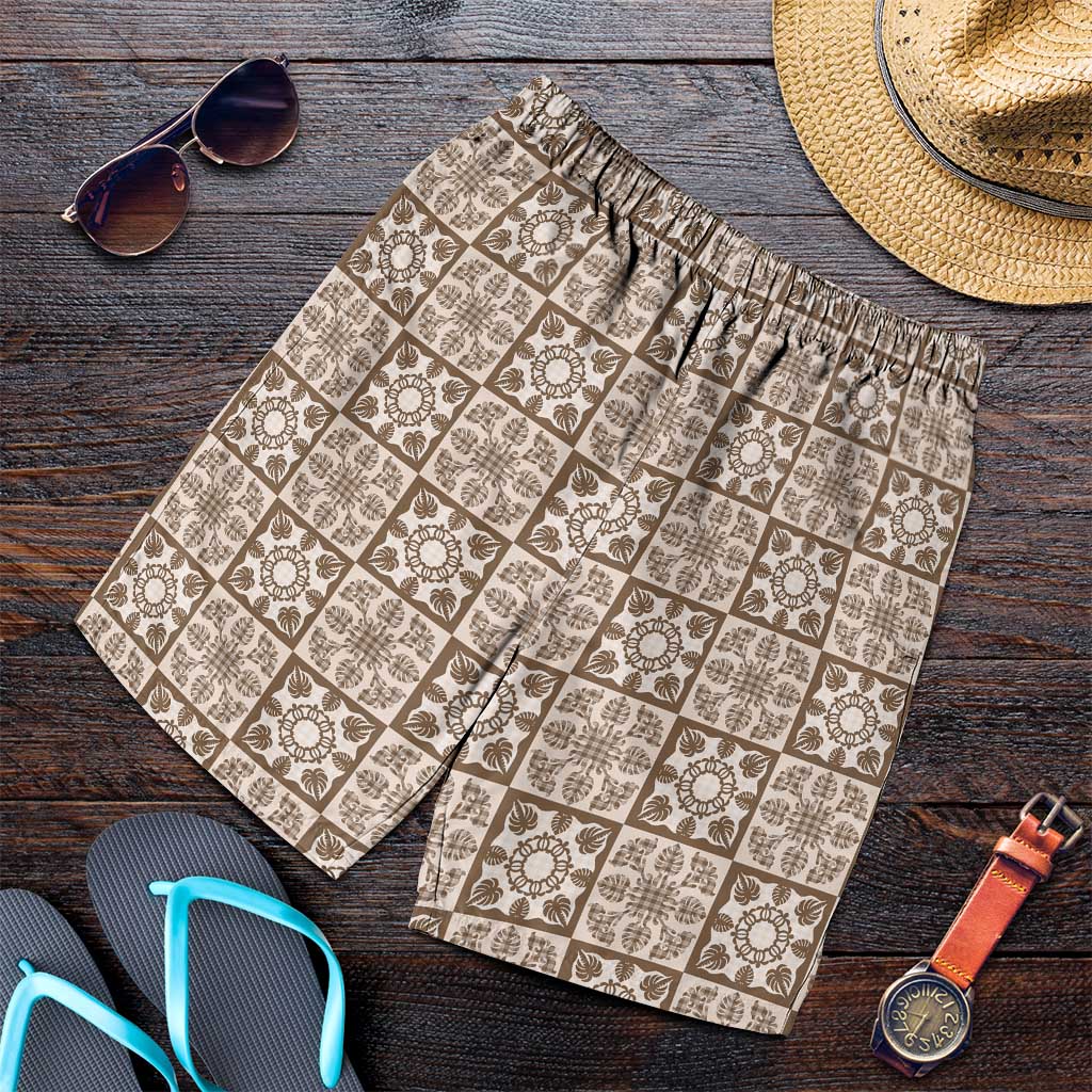 Beige Palaka Quilt Hawaii Shorts for Men Hawaiian Tropical Monstera Sea Turtle