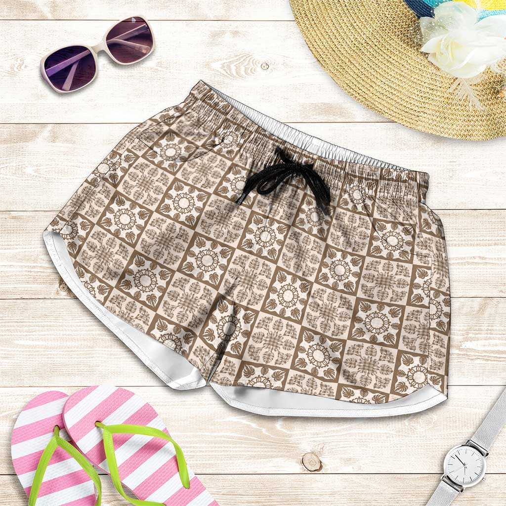 Beige Palaka Quilt Hawaii Shorts for Women Hawaiian Tropical Monstera Sea Turtle