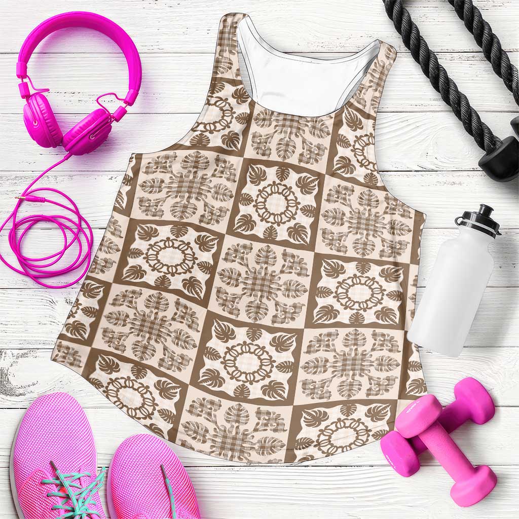 Beige Palaka Quilt Hawaii Women Racerback Tank Hawaiian Tropical Monstera Sea Turtle LT14 Beige - Polynesian Pride