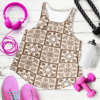Beige Palaka Quilt Hawaii Women Racerback Tank Hawaiian Tropical Monstera Sea Turtle LT14 Beige - Polynesian Pride