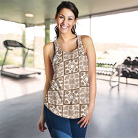 Beige Palaka Quilt Hawaii Women Racerback Tank Hawaiian Tropical Monstera Sea Turtle LT14 - Polynesian Pride
