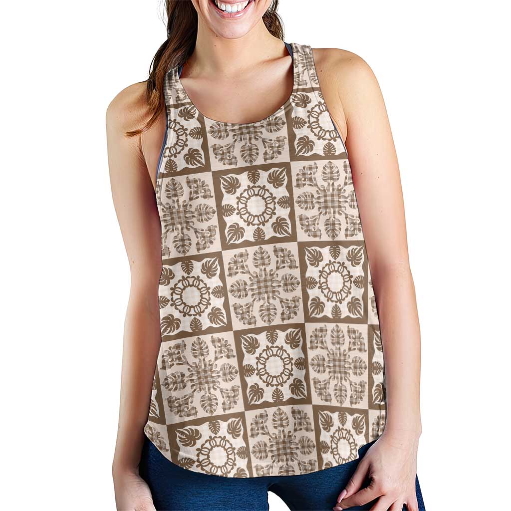 Beige Palaka Quilt Hawaii Women Racerback Tank Hawaiian Tropical Monstera Sea Turtle LT14 - Polynesian Pride