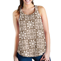 Beige Palaka Quilt Hawaii Women Racerback Tank Hawaiian Tropical Monstera Sea Turtle LT14 - Polynesian Pride